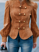 Women's Solid Color Faux Suede Military Style Stand Collar And Puff Sleeve Jacket ZMZ1529J9XT
