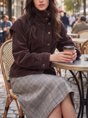 Women's Dark Brown Corduroy Belted Jacket With High Stand Collar And Asymmetric Button Front ZMZ1467J0YZH