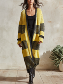 Women's Oversized Chunky Knit Long Cardigan Yellow Black Striped Open Front Sweater Coat ZMZ1478J4YZH