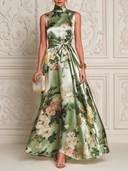 Women’s Sage Green Printed Satin Sleeveless Mock-Neck Maxi Dress ZMZ1516J4XT