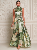 Women’s Sage Green Printed Satin Sleeveless Mock-Neck Maxi Dress ZMZ1516J4XT