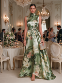 Women’s Sage Green Printed Satin Sleeveless Mock-Neck Maxi Dress ZMZ1516J4XT