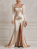 Women’s Solid-Color Satin V-Neck Rhinestone-Embellished High-Slit Wrap-Style Mermaid Evening Gown ZMZ1516J2XT