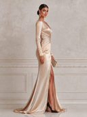Women’s Solid-Color Satin V-Neck Rhinestone-Embellished High-Slit Wrap-Style Mermaid Evening Gown ZMZ1516J2XT