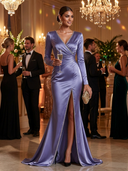 Women’s Solid-Color Satin V-Neck Rhinestone-Embellished High-Slit Wrap-Style Mermaid Evening Gown ZMZ1516J2XT
