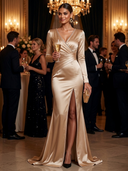 Women’s Solid-Color Satin V-Neck Rhinestone-Embellished High-Slit Wrap-Style Mermaid Evening Gown ZMZ1516J2XT