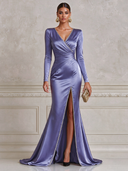 Women’s Solid-Color Satin V-Neck Rhinestone-Embellished High-Slit Wrap-Style Mermaid Evening Gown ZMZ1516J2XT