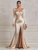Women’s Solid-Color Satin V-Neck Rhinestone-Embellished High-Slit Wrap-Style Mermaid Evening Gown ZMZ1516J2XT