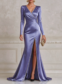 Women’s Solid-Color Satin V-Neck Rhinestone-Embellished High-Slit Wrap-Style Mermaid Evening Gown ZMZ1516J2XT