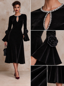 Women's Black Velvet Bell Sleeve Midi Dress ZMZ1544J4XT