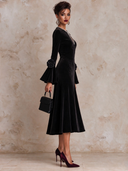Women's Black Velvet Bell Sleeve Midi Dress ZMZ1544J4XT