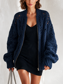 Women's Fashionable Navy Blue Zip-Up Cutout Knit Cardigan ZMZ1660J1SWL