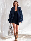 Women's Fashionable Navy Blue Zip-Up Cutout Knit Cardigan ZMZ1660J1SWL