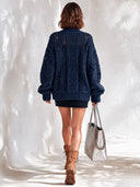 Women's Fashionable Navy Blue Zip-Up Cutout Knit Cardigan ZMZ1660J1SWL