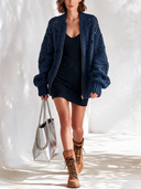 Women's Fashionable Navy Blue Zip-Up Cutout Knit Cardigan ZMZ1660J1SWL
