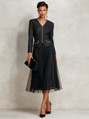 Women's Retro V-neck Long-sleeved Pleated Tulle Skirt Faux Two-Piece Midi Dress ZMZ1533J0XT