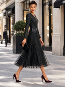 Women's Retro V-neck Long-sleeved Pleated Tulle Skirt Faux Two-Piece Midi Dress ZMZ1533J0XT