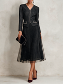 Women's Retro V-neck Long-sleeved Pleated Tulle Skirt Faux Two-Piece Midi Dress ZMZ1533J0XT