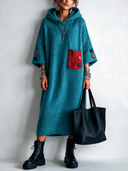 Women’s Fashionable Peacock Blue Hooded Colorblock Knitted Dress ZMZ1684J3SWL