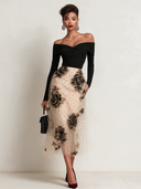Women's French-style Pleated Off-shoulder Neckline Color-blocked Mesh Rose Print Midi Dress ZMZ1571J9XT