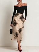 Women's French-style Pleated Off-shoulder Neckline Color-blocked Mesh Rose Print Midi Dress ZMZ1571J9XT