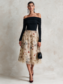 Women's Off-Shoulder Long-Sleeve Black Knit Top With Beige Embroidered Mesh Midi Dress ZMZ1541J6XT