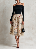 Women's Off-Shoulder Long-Sleeve Black Knit Top With Beige Embroidered Mesh Midi Dress ZMZ1541J6XT