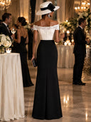 Women’s Off-the-shoulder White Lace-bodice Black Floor-length Evening Gown ZMZ1630J5XT