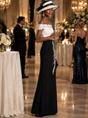 Women’s Off-the-shoulder White Lace-bodice Black Floor-length Evening Gown ZMZ1630J5XT