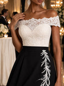 Women’s Off-the-shoulder White Lace-bodice Black Floor-length Evening Gown ZMZ1630J5XT