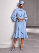 Women's Elegant Light Blue Collared Puff-Sleeve Midi Dress ZMZ1666J4XT