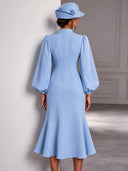 Women's Elegant Light Blue Collared Puff-Sleeve Midi Dress ZMZ1666J4XT