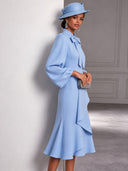 Women's Elegant Light Blue Collared Puff-Sleeve Midi Dress ZMZ1666J4XT