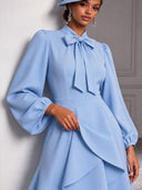 Women's Elegant Light Blue Collared Puff-Sleeve Midi Dress ZMZ1666J4XT