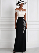 Women’s Off-the-shoulder White Lace-bodice Black Floor-length Evening Gown ZMZ1630J5XT