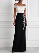 Women’s Off-the-shoulder White Lace-bodice Black Floor-length Evening Gown ZMZ1630J5XT