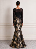 Women's Black Long-Sleeve Printed Lace Mermaid Evening Gown ZMZ1631J4XT