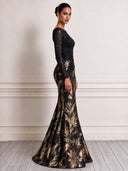 Women's Black Long-Sleeve Printed Lace Mermaid Evening Gown ZMZ1631J4XT