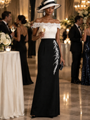Women’s Off-the-shoulder White Lace-bodice Black Floor-length Evening Gown ZMZ1630J5XT