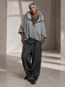 Women’s American Retro Casual Style Grey Ribbed Knit Hooded Zip Cardigan With Faux Fur Trim, Batwing Sleeves ZMZ1610J9ZYY