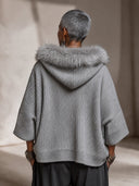 Women’s American Retro Casual Style Grey Ribbed Knit Hooded Zip Cardigan With Faux Fur Trim, Batwing Sleeves ZMZ1610J9ZYY