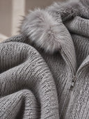 Women’s American Retro Casual Style Grey Ribbed Knit Hooded Zip Cardigan With Faux Fur Trim, Batwing Sleeves ZMZ1610J9ZYY