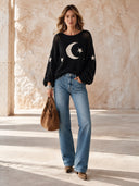 Women’s American Retro Casual Style Moon And Star Knit Pullover Sweater With Open-Knit Shoulders And Balloon Sleeves ZMZ1683J2ZYY