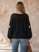 Women’s American Retro Casual Style Moon And Star Knit Pullover Sweater With Open-Knit Shoulders And Balloon Sleeves ZMZ1683J2ZYY
