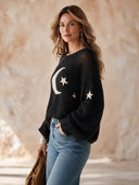 Women’s American Retro Casual Style Moon And Star Knit Pullover Sweater With Open-Knit Shoulders And Balloon Sleeves ZMZ1683J2ZYY