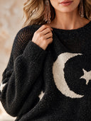Women’s American Retro Casual Style Moon And Star Knit Pullover Sweater With Open-Knit Shoulders And Balloon Sleeves ZMZ1683J2ZYY