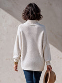 Women’s Classic Casual Knit Turtleneck Sweater With Asymmetric Wrap Hem And Button Detail, Oversized Long Sleeve Pullover ZMZ1644J8ZYY
