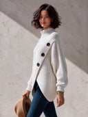 Women’s Classic Casual Knit Turtleneck Sweater With Asymmetric Wrap Hem And Button Detail, Oversized Long Sleeve Pullover ZMZ1644J8ZYY