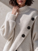 Women’s Classic Casual Knit Turtleneck Sweater With Asymmetric Wrap Hem And Button Detail, Oversized Long Sleeve Pullover ZMZ1644J8ZYY