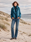 Women’s American Retro Casual Style Teal Blue Herringbone Tweed Double-Breasted Cropped Pea Jacket With Contrast Piping ZMZ1697J9ZYY